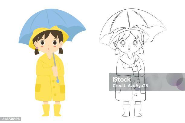 Girl In Raincoat Outline Cartoon Vector Stock Illustration - Download Image Now - Activity, Art, Book