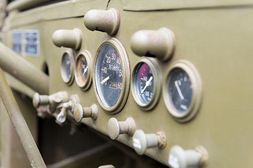 close up of dashboard of military vehicle