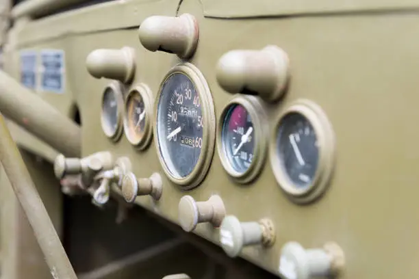Photo of close up of dashboard of military vehicle