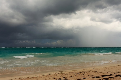 Miami Beach, USA - September 27, 2022: View of torrential rain on a hurricane day on Ocean Drive, Miami Beach, Florida.