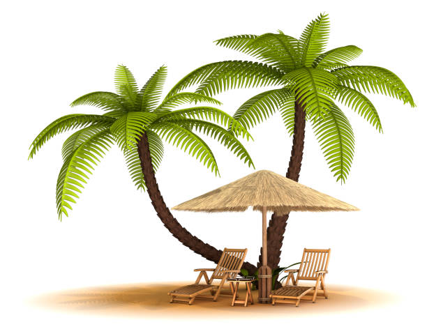 Sand, umbrella, chaise lounges. 3d image.