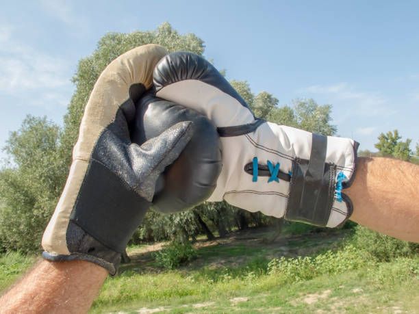 два старых коричневых боксерских перчаток ударил вместе - boxing glove flash стоковые фото и изображения