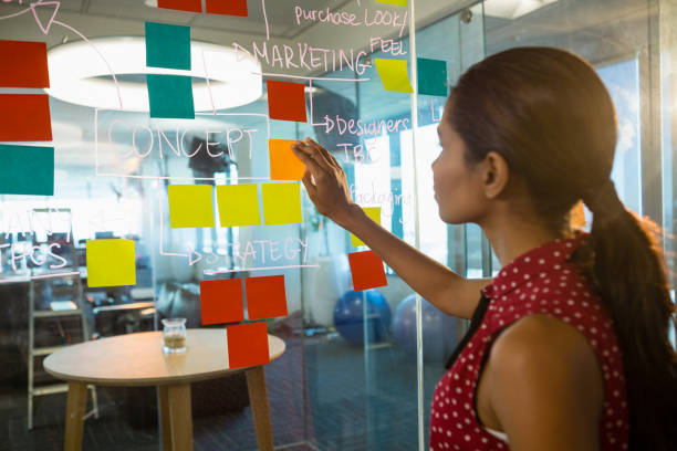 istock Female executive sticking notes on glass board 846244072