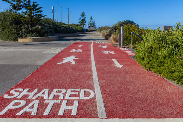 istock Shared Path sign written on footpath for cyclists and pedestrians with bicycle, walking person, and arrow signs 846245074