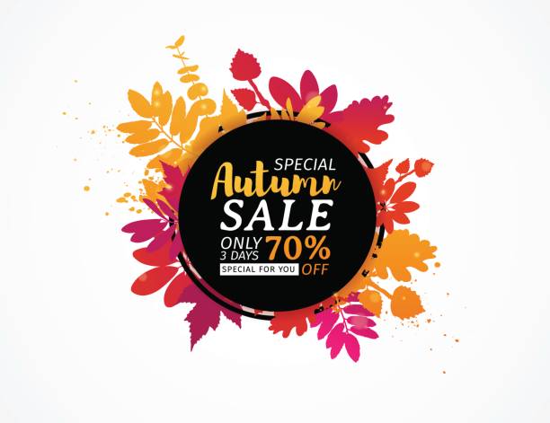 Template design black  circle autumn sale banner with decor color silhouette of plants. Sign of promotion and discounts offer of the nature of the fall season with leaves of maple. Vector. Template design black  circle autumn sale banner with decor color silhouette of plants. Sign of promotion and discounts offer of the nature of the fall season with leaves of maple. Vector. discount store illustrations stock illustrations