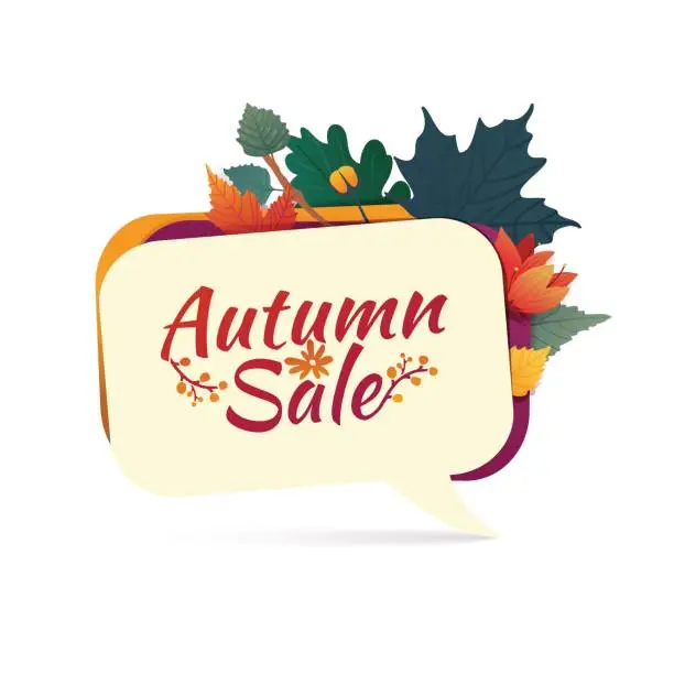 Vector illustration of Design bubble banner with autumn sale icon. Discount card for fall season with white frame and herb. Promotion offer with autumnal  oak plant, maple leave and flowers decoration. Vector