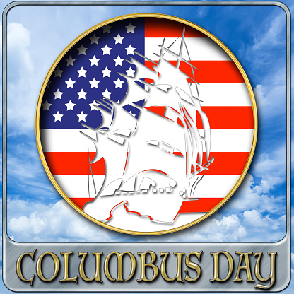 3D, Columbus Day, clear blue, white clouded sky background, Bright shiny text.