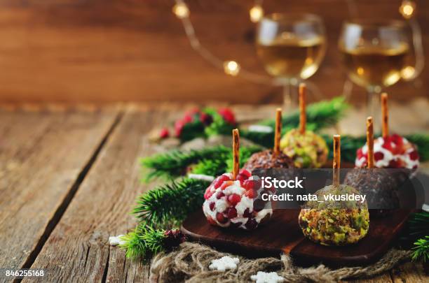 Variation Of Goat Cheese Balls Appetizer With Pistachio Pomegranate And Flax Seeds Stock Photo - Download Image Now