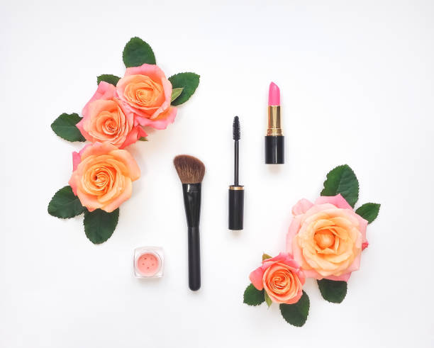 istock Decorative composition with cosmetics and rose flowers. Top view, flat lay 846255960