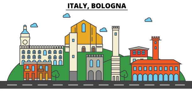 イタリア、ボローニャ。街のスカイライン: 建築、建物、通り、シルエット、風景、パノラマ、ランドマーク。編集可能なストローク。フラットなデザイン ラインのベクトル図の概念。孤立したアイコン セット - bologna点のイラスト素材／クリップアート素材／マンガ素材／アイコン素材