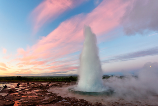 Erupting of Geysir geyser in southwestern Iceland, Europe.