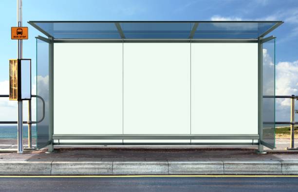 bus stop with blank advertising board - bus stop imagens e fotografias de stock