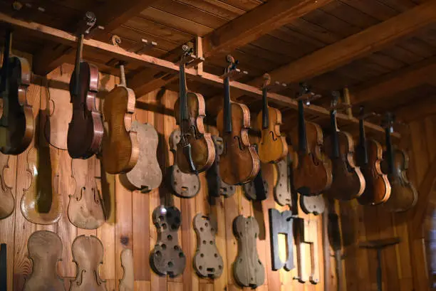 Low angle view of violins with violas hanging in instrument maker workshop