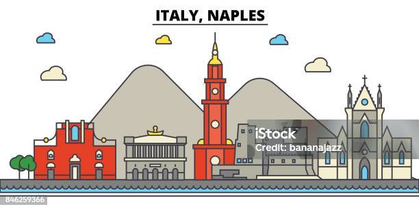義大利那不勒斯城市天際線 體系結構 建築物 街道 剪影 風景 全景 地標可編輯的筆劃平面設計線向量圖的概念孤立的圖示集向量圖形及更多拿坡利圖片