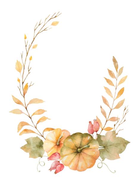 illustrazioni stock, clip art, cartoni animati e icone di tendenza di corona autunnale vettoriale ad acquerello di foglie, rami e zucche isolate su sfondo bianco. - wreath autumn flower thanksgiving