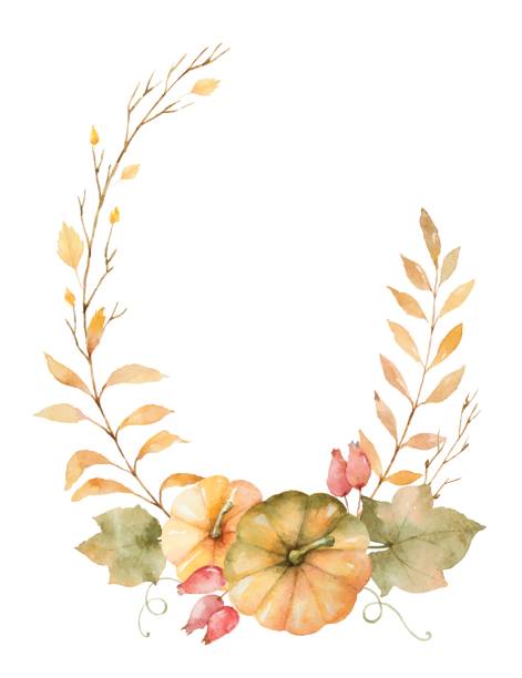 ilustrações de stock, clip art, desenhos animados e ícones de watercolor vector autumn wreath of leaves, branches and pumpkins isolated on white background. - thanksgiving autumn pumpkin backgrounds