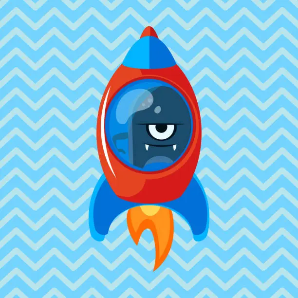 Vector illustration of Angry alien in rocket. Cartoon vector illustration. Ufo. Space theme