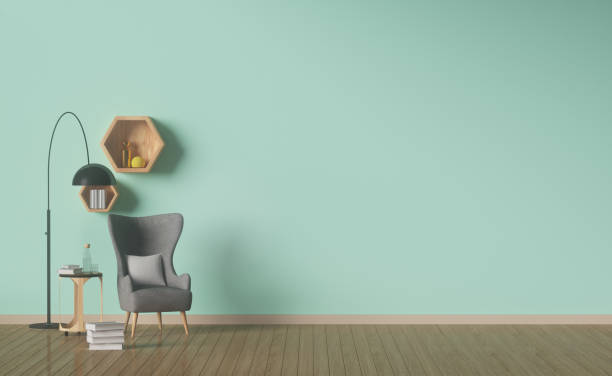 istock living room designed,Green wall,interior decoration,Shelf hexagonal,3D rendering 846266818