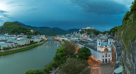 Panoramic view of Salzburg, Austria in the evening