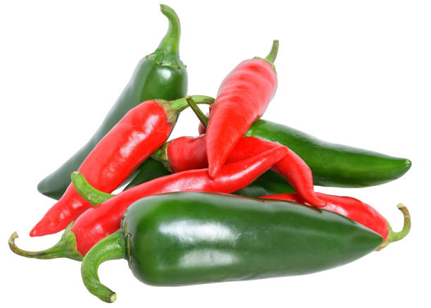 istock Red and green hot chili peppers stack isolated 846271574