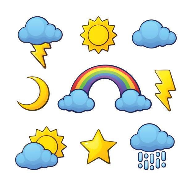 ilustraciones, imágenes clip art, dibujos animados e iconos de stock de conjunto de ilustración vectorial. símbolos meteorológicos en estilo de dibujos animados con contorno. el sol, media luna, estrella, nube, lluvia, arco iris, nubes con lluvia y relámpagos. aislado sobre fondo blanco - white background image australia sunlight