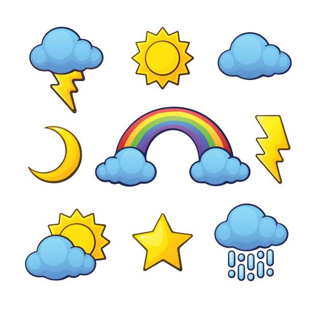 ベクトル図を設定します。漫画のスタイルの輪郭での天気記号。太陽、三日月、星、雲、雨、虹、雲の雨と雷。白い背景に分離 - white background image australia sunlight点のイラスト素材／クリップアート素材／マンガ素材／アイコン素材