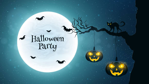 Background for Halloween party. Black cat walks through the tree. Bats fly against the background of the full moon. Halloween pumpkins with glowing eyes. Black text. Vector illustration Background for Halloween party. Black cat walks through the tree. Bats fly against the background of the full moon. Halloween pumpkins with glowing eyes. Black text. Vector creepy glowing eyes stock illustrations