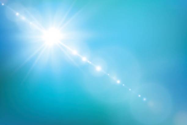 istock Realistic shining sun with lens flare. Blue sky with clouds background. Vector illustration 846279194