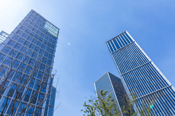 istock Bottom view of office building window close up 846280398