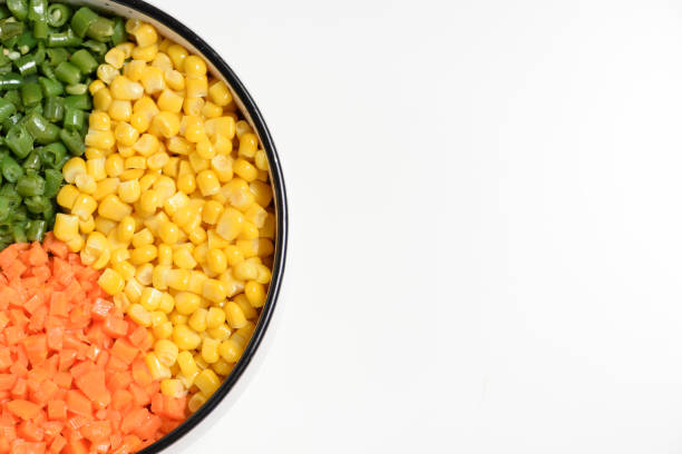 istock Three color vegetable platter: diced orange carrot, green bean and yellow corn kernel, on white background with negative space. 846288416