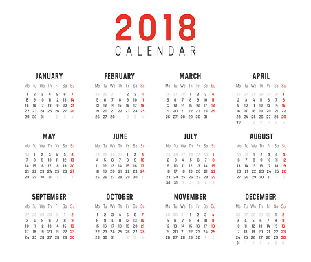 Year 2018 minimalist calendar, on white background. Weeks start on monday