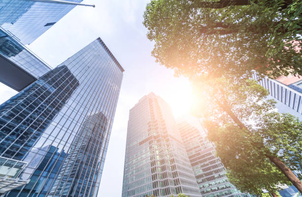 istock Bottom view of office building window close up 846292092