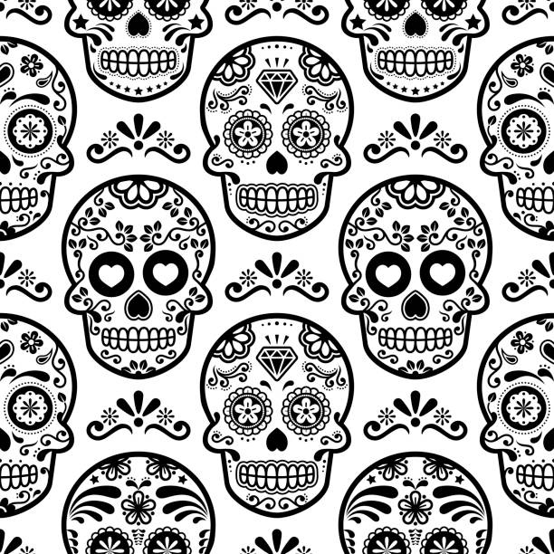 멕시코 설탕 두개골 벡터 완벽 한 패턴, 할로윈 사탕 두개골 배경, 죽은 축 하, calavera 디자인의 날 - sugar skull stock illustrations