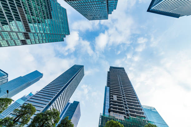 istock Bottom view of office building window close up 846296222