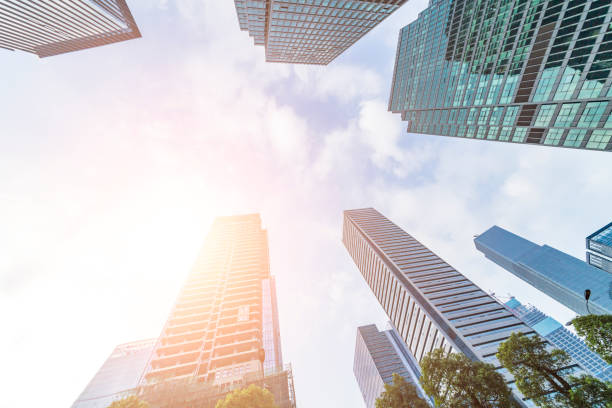 istock Bottom view of office building window close up 846296258
