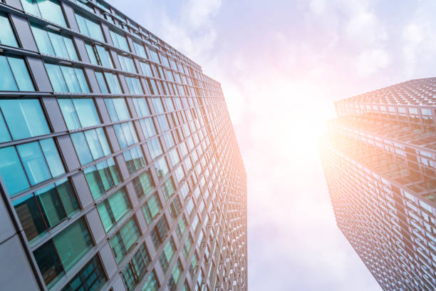 istock Bottom view of office building window close up 846296320