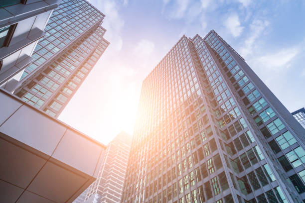 istock Bottom view of office building window close up 846296402