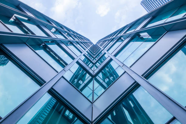 istock Bottom view of office building window close up 846296810