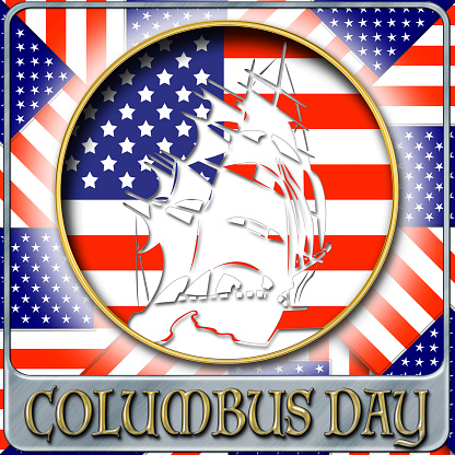 3D, Columbus Day, white silhouet of a sailboat in front of the American flag, Bright shiny text.