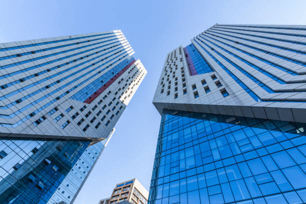 istock Bottom view of office building window close up 846307010