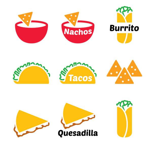 ilustrações, clipart, desenhos animados e ícones de conjunto de ícones do vetor de comida mexicana - tacos, burritos, nachos, quesadilla - taco chips