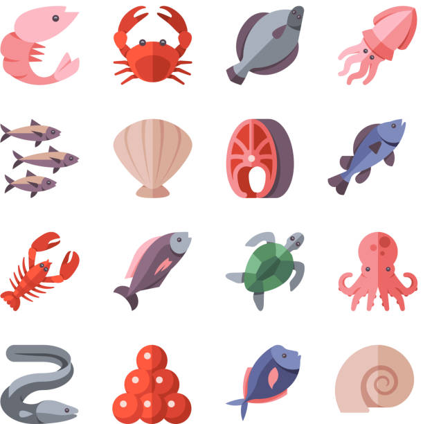 illustrazioni stock, clip art, cartoni animati e icone di tendenza di prelibatezze di pesce e icone piatte vettoriali di pesce da cucina isolate su bianco - crostaceo