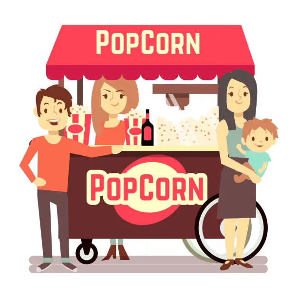 Vector illustration of Family buys popcorn from a cute girl seller