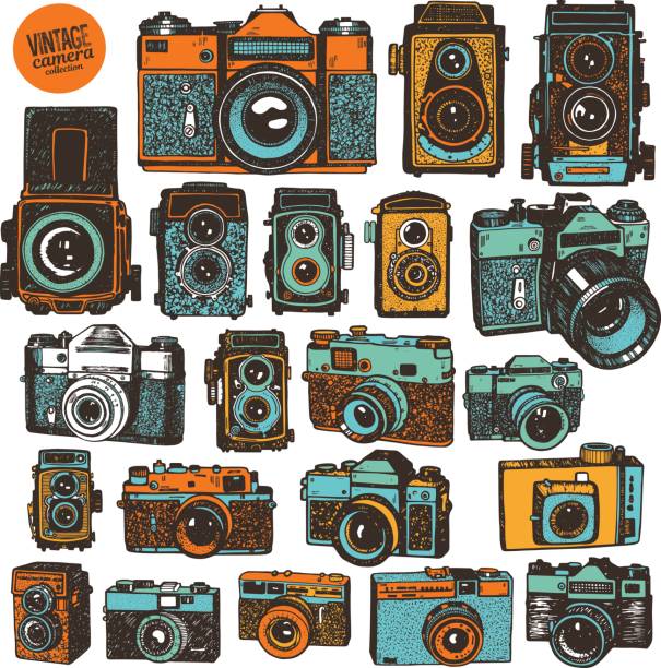 istock Hand drawing colorful retro photo cameras.  Big isolated vector illustration set 846329064