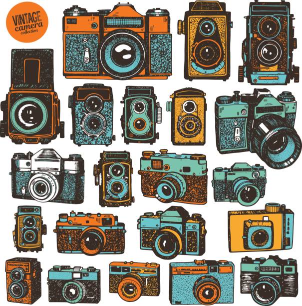 Hand drawing colorful retro photo cameras.  Big isolated vector illustration set Hand drawing colorful retro photo cameras.  Big isolated vector illustration set movie camera photos stock illustrations