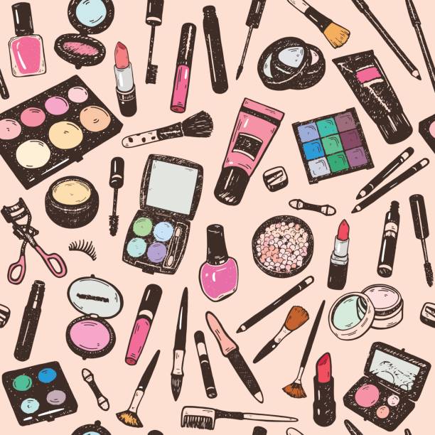 Hand drawing colorful cosmetics seamless pattern, nail polish, powder, concealer, mascara, eye shadow. Isolaterd vector set Hand drawing colorful cosmetics seamless pattern, nail polish, powder, concealer, mascara, eye shadow. Isolaterd vector set beauty product illustrations stock illustrations