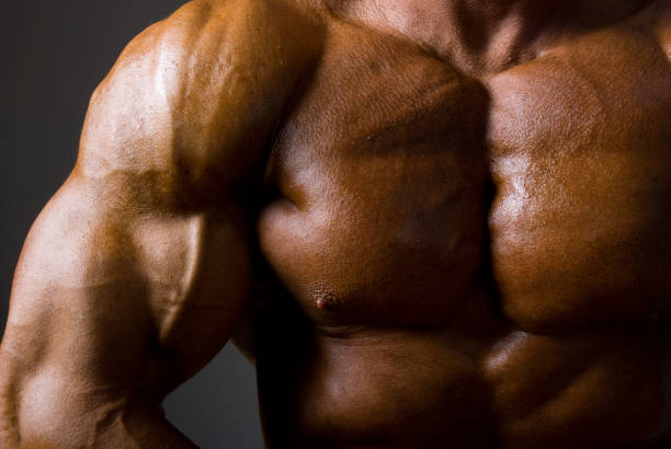 istock Muscular male torso on dark background 846329830