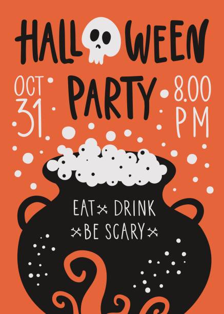 Vector Halloween party poster template with witches cauldron Vector Halloween party poster template with witches cauldron cauldron illustrations stock illustrations