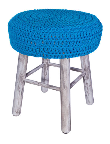 istock Handmade stool in white, gray color. Round seat with blue woolen material. 846351188