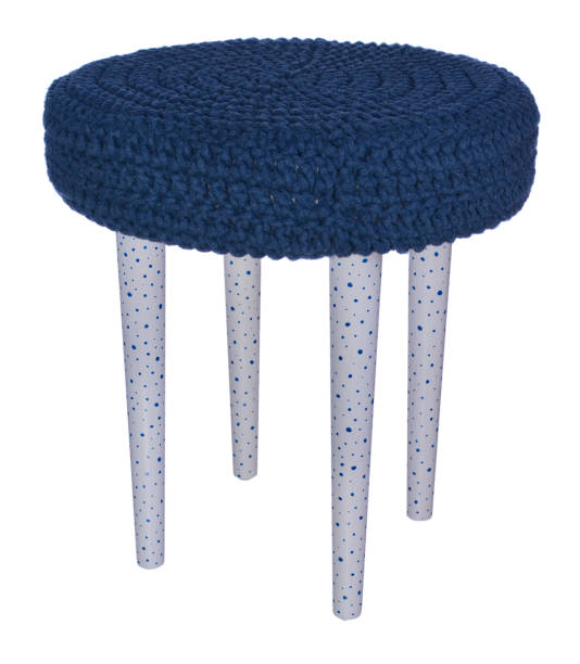 Handmade stool gray in blue dots. Round seat in blue woolen material.
